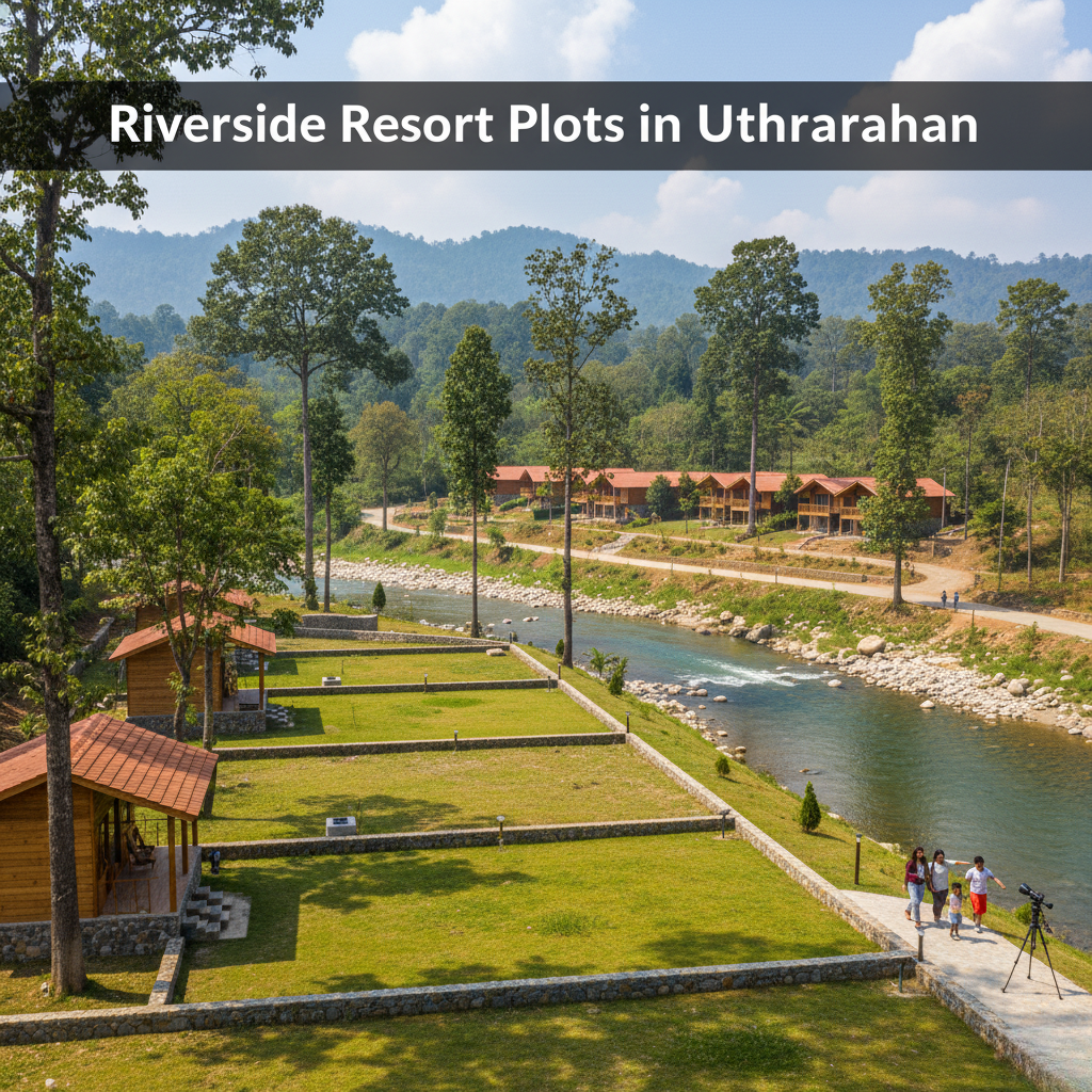 A scenic view of a river with a row of wooden cabins along its bank. The grassy plots in front of the cabins are terraced with stone walls. People are walking on a pathway next to the river. Dense green trees and mountains are in the background. The text "Riverside Resort Plots in Uthrarahan" is at the top of the image.