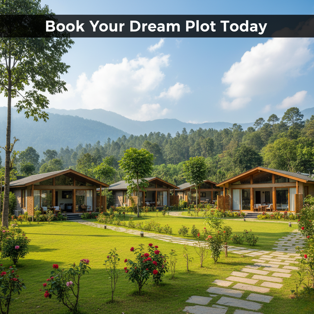 An aerial view of a large, grassy field with scattered trees and a winding dirt road. A river flows along the edge of the field. The landscape is surrounded by green hills under a cloudy sky. The text "Invest Where Nature Meets Opportunity" and "Jim Corbett, Uttarakhand" are overlaid on the image.