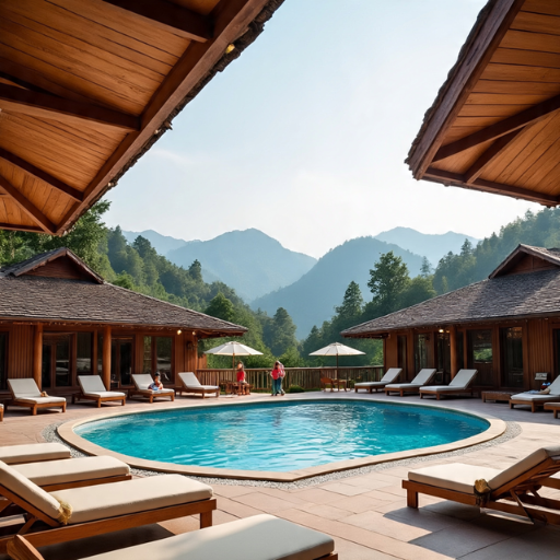 Luxe resort for sale in Jim Corbett, with swimming pool, wooden cottages, picturesque mountain view, perfect for running a tourism business in Uttarakhand.

