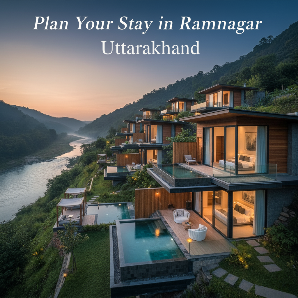 "Plan Your Stay in Ramnagar Uttarakhand," is splattered across a scenic photo of a luxury resort at sunset. The accomodation is a collection of cutting-edge, multi-level cottages with a wood finish, terrace and fitted to the side of a hill. Each cottage comes with a private infinity pool and outdoor seating. A river snakes through the valley below, and rolling green hills enfold the property. The sky is a blueish-orange, with a gradient of purple to the top.