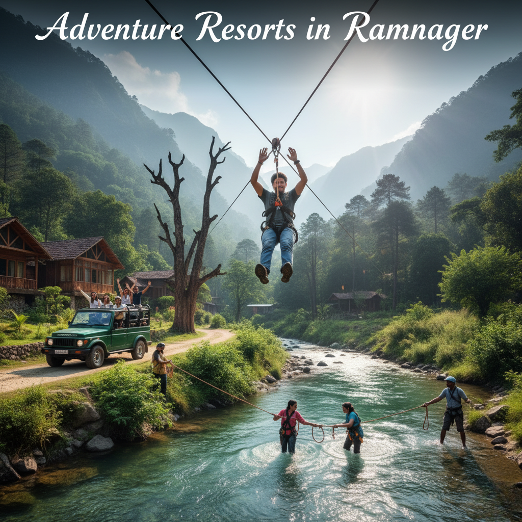 Adventure Resorts in Ramnagar” is superimposed on extreme wide angle shot of a resort. In the front there is a person zip-lining across a clear river and others crossing the water with a rope. Safari jeep with tourists parked near wooden cottages on left bank amids green hills and trees clear blue sky sunny day.