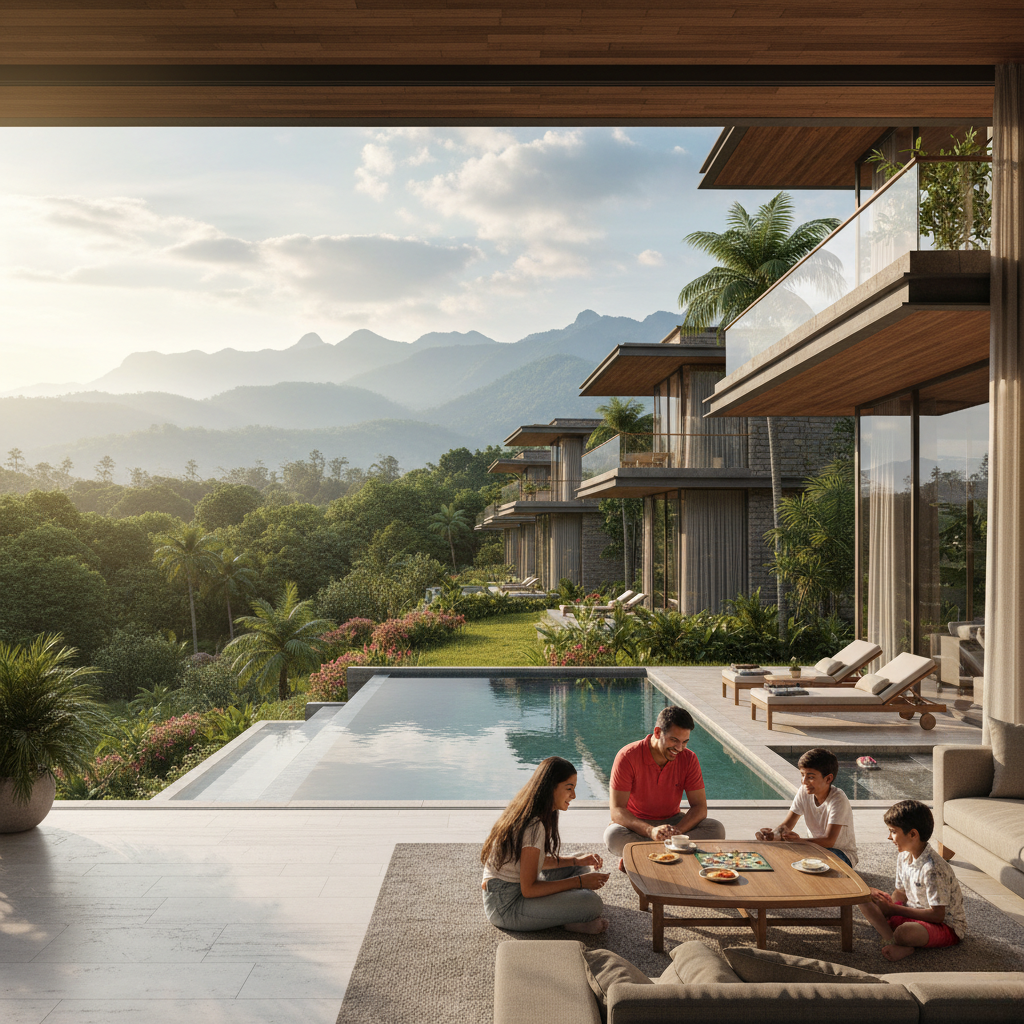 Family relax in luxury villa with private pool by Jim Corbett, Uttarakhand mountain and trees around, life style of modern vacation, holiday destination.