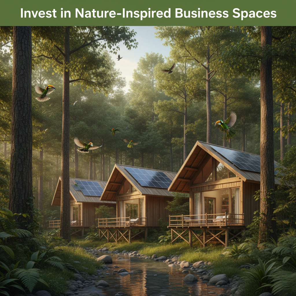 Eco-friendly wooden cottages with solar panels surrounded by dense forest and flying birds, representing sustainable tourism near Jim Corbett.