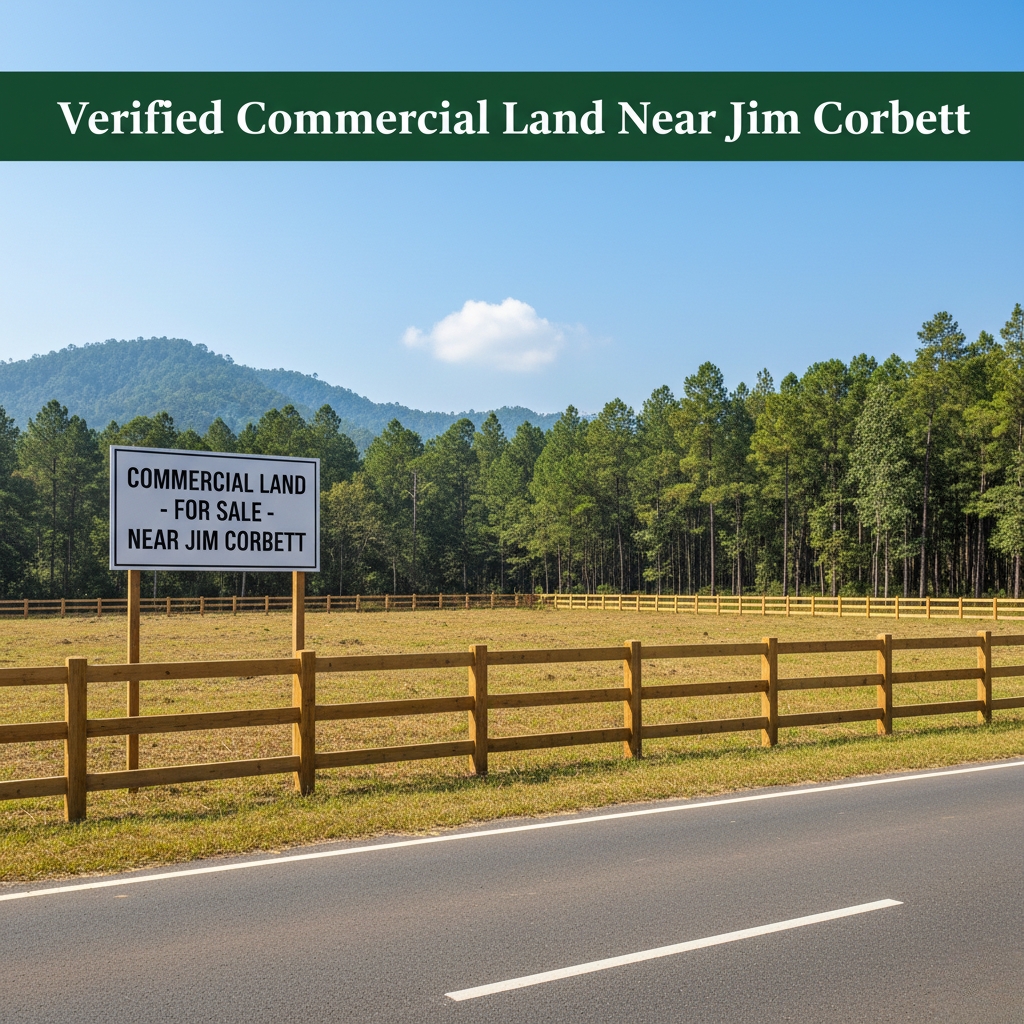 Commercial land plot with fenced boundary and signboard reading "Commercial Land for Sale – Near Jim Corbett", with forest and hills in the background.