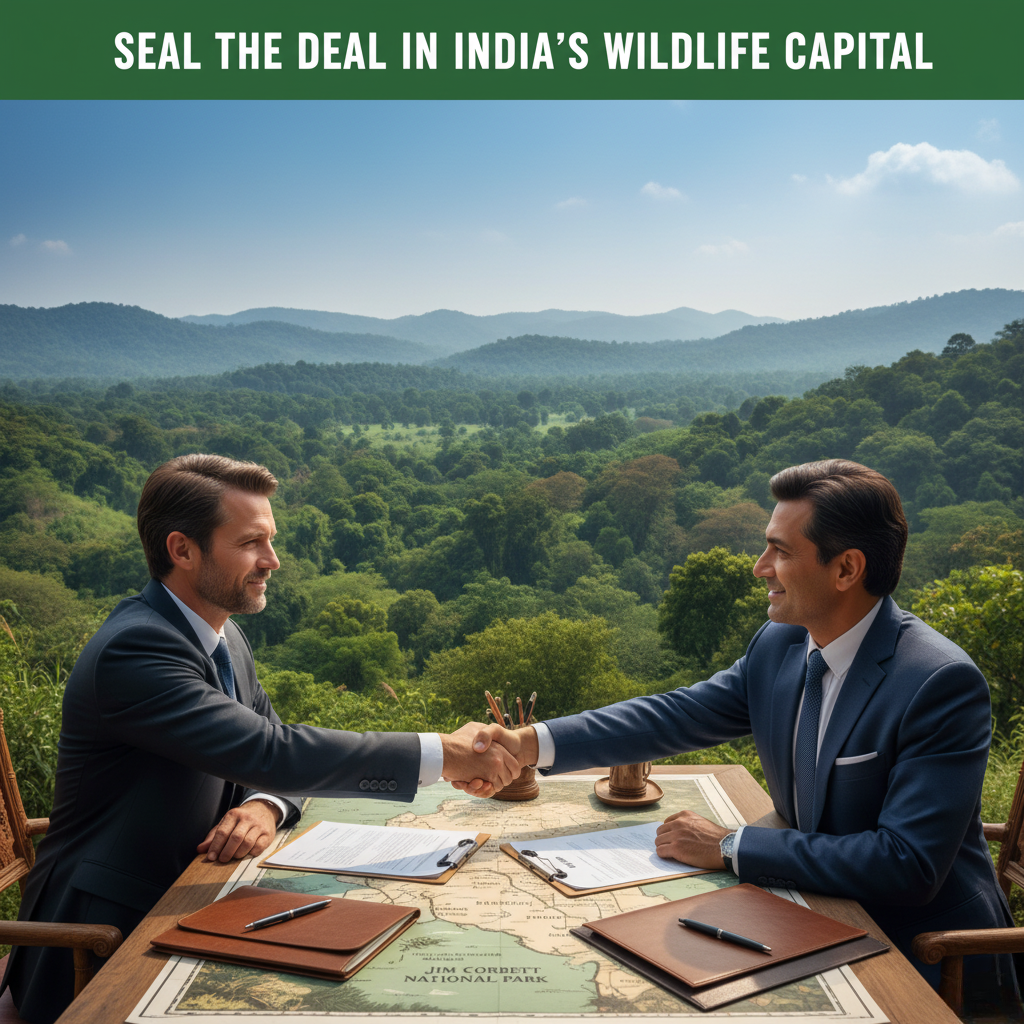 Commercial land plot with fenced boundary and signboard reading "Commercial Land for Sale – Near Jim Corbett", with forest and hills in the background.
