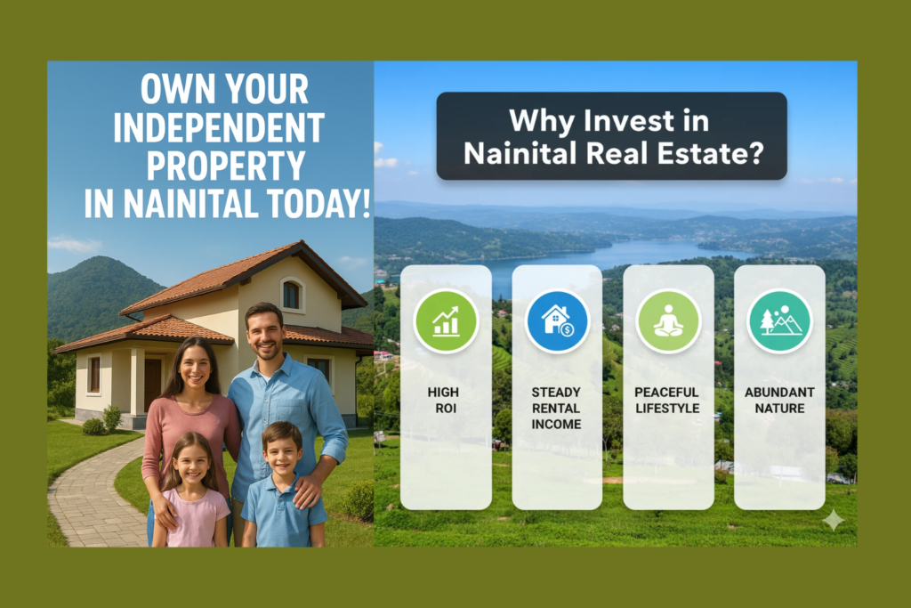 Nainital real estate promotional banner of a cheerful family with house front view with caption “Ownership to individual property in Nainital today! and pros to include high roi, stable rent income, quite living, and much nature.