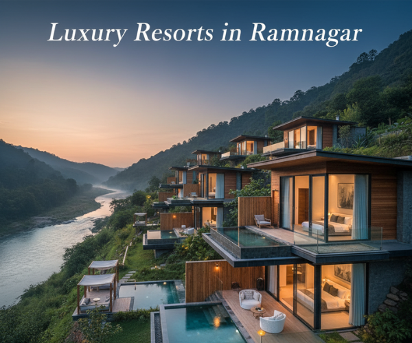 Contemporary upscale resorts in Ramnagar with exclusive glass-front villas, infinity pools, and beautiful river and mountain vistas come sunset.