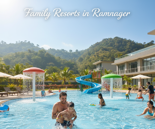 Pretty children play with parents at waterpark against background of green hills and blue sky; family resort in Ramnagar with outdoor swimming pool, water slides, splash fountains.