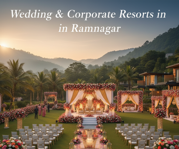 Wedding and corporate resort in Ramnagar with a tastefully adorned outdoor mandap, flower decor, seating arrangements and backdrop of sunset, mountains.