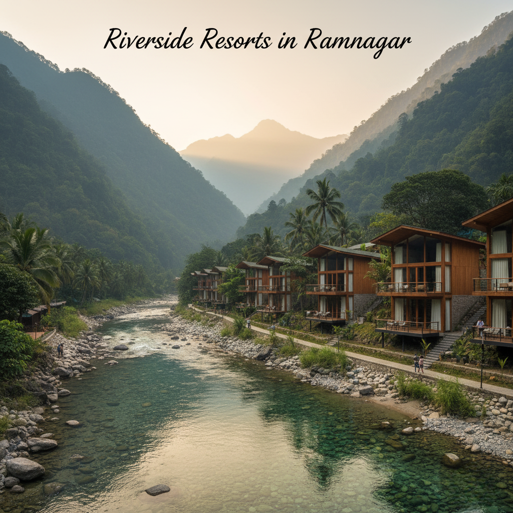 Riverside ramnagar resorts with wood villas along a clear river amidst green hills and quiet natural beauty in the morning