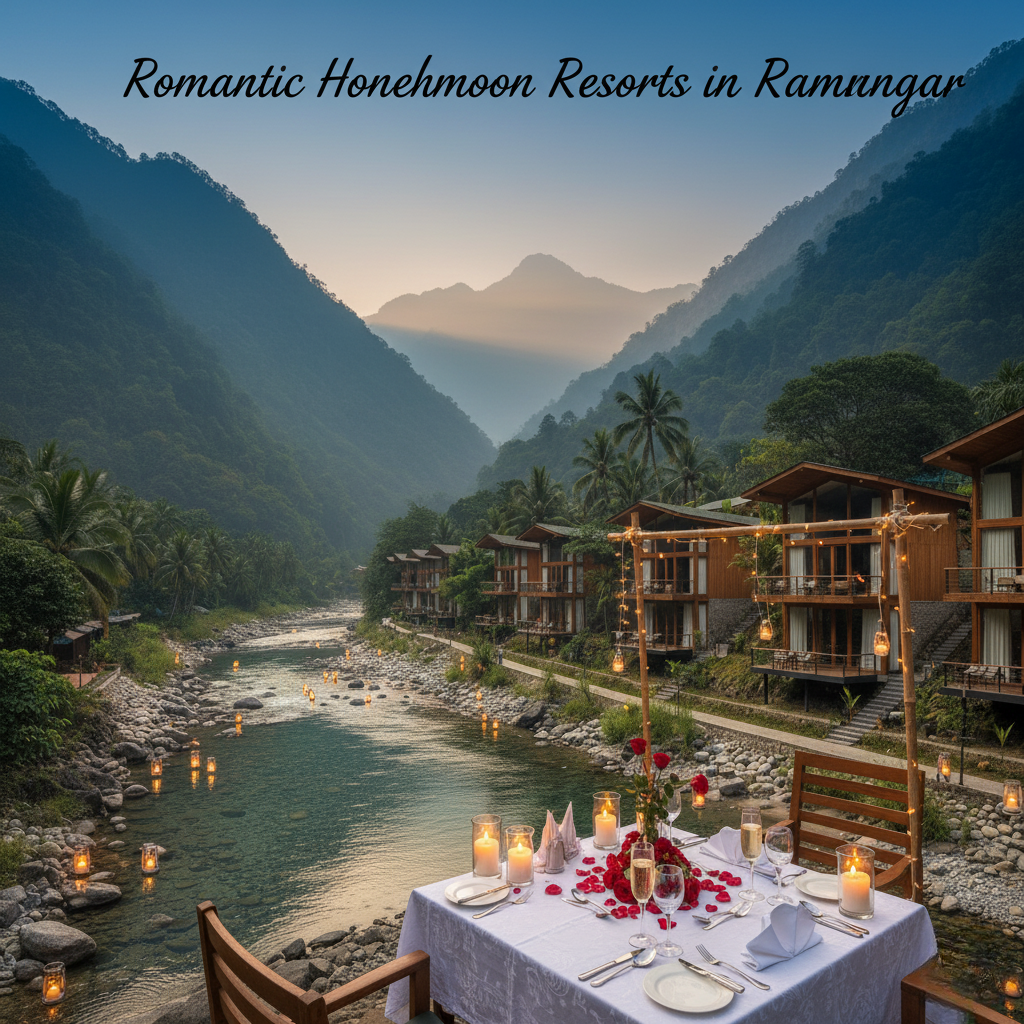 Romantic honeymoon resort in Ramnagar with riverside candle light dinner setup, decorated table with roses and wine, illuminated lanterns on river and mountain views during dusk.