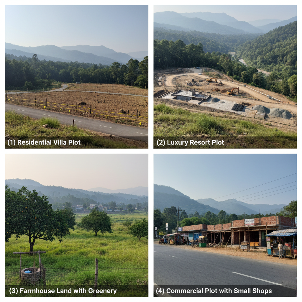 "Collage of plots around Jim Corbett: (1) Residential plot villa, (2) Luxury resort plot is under construction, (3) Farmhouse land with greenery, (4) Commercial Plot with small shops Uttarakhand."