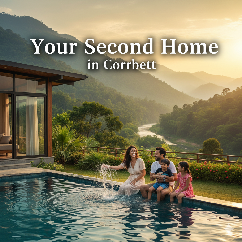 “Happy family at poolside luxury villa with mountain view in Jim Corbett and promoting second home investment in Uttarakhand.