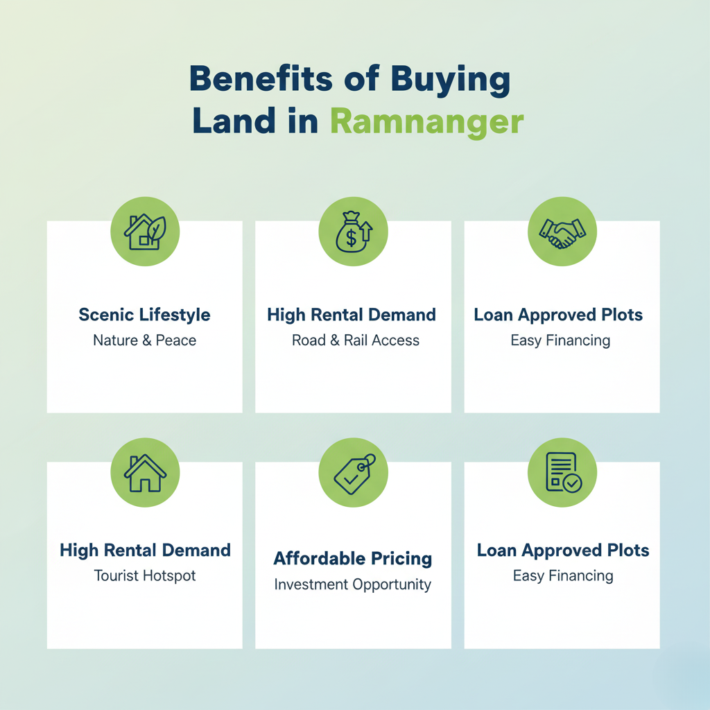Residential Plots "Infographic for benefits of purchasing plots in at Ramnagar: o Scenic Lifestyle with nature and peace o High Rental Demand along with Rail/Road connectivity o Loan Approved Plots available to understand the value and facilitate purchases o Affordable Pricing - as an investment option o Tourist Hot Spot. Real estate investment keypoints for Ramnagar residential plots.