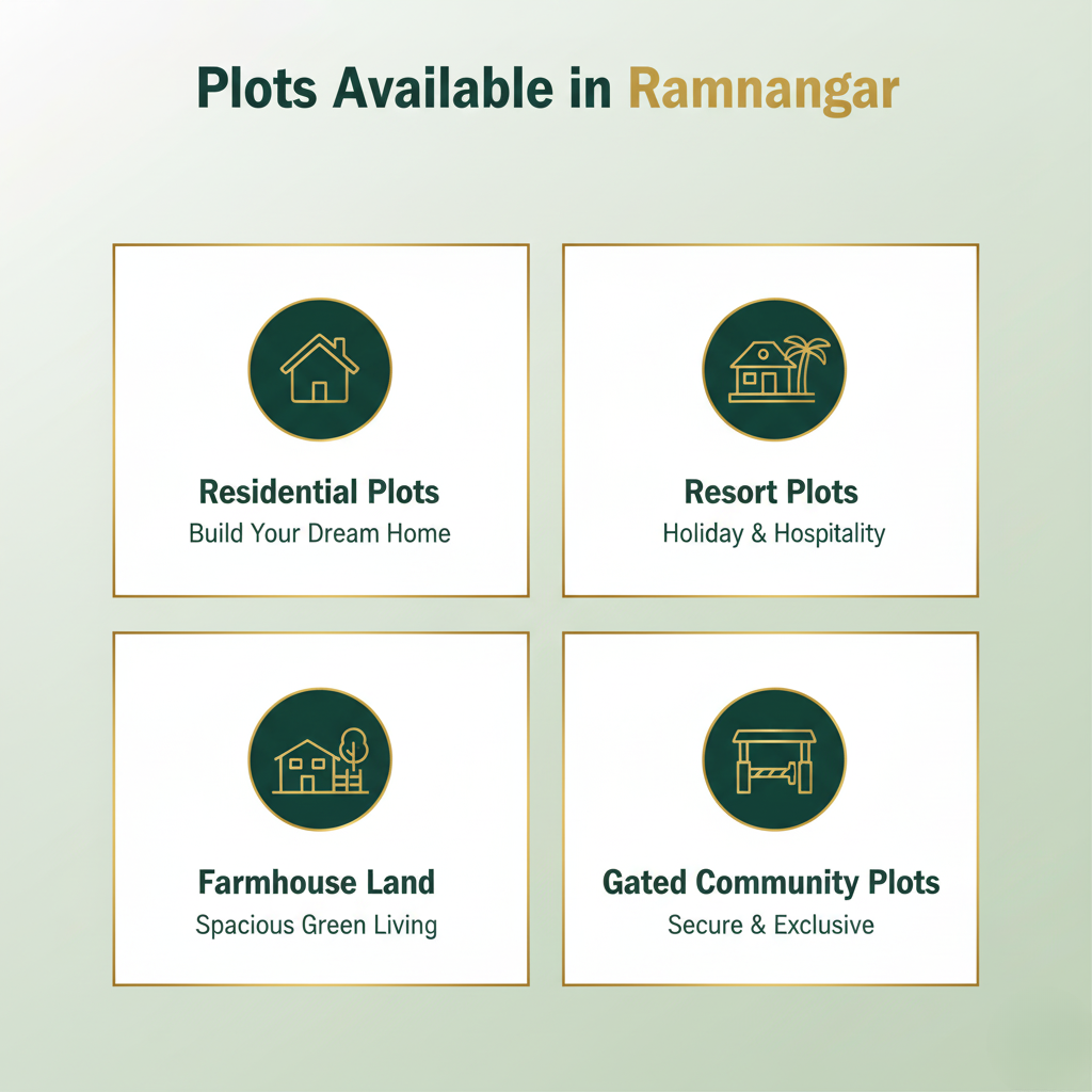 The picture is of green and tan infographics reading "Plots Available in Ramnagar." The attribute features four boxes with a gold border and a gold icon in the middle of a dark green circle. The following sections cover various plot categories: 1. Residential 2. Resort 3. Farmhouse Land, and 4. Gated Community Plots.