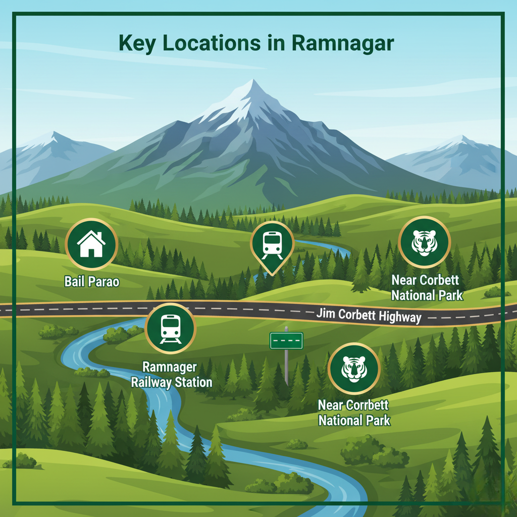 An animated map graphic titled "Key Places in Ramnagar." It depicts a winding road and river through green mountains and forests, with five green pins to point out specific landmarks.