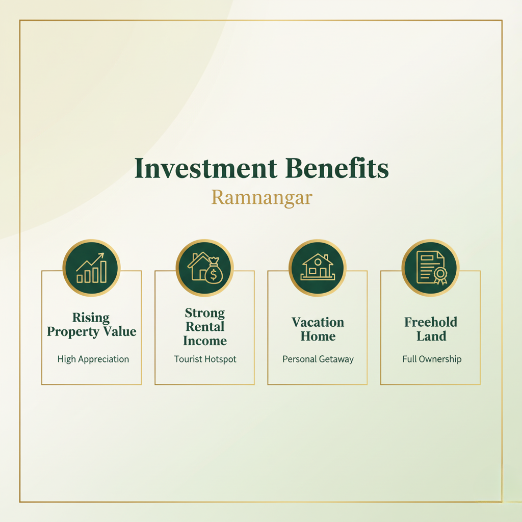 An all green and tan background introduces the infographic which reads “Investment Benefits Ramnagar” above four large impressive detail columns. It does this by using gold coloured icons, and gold colour text to focus only on the key benefits : Rising Property Value, Strong Rental Income, Vacation Home & Freehold Land.