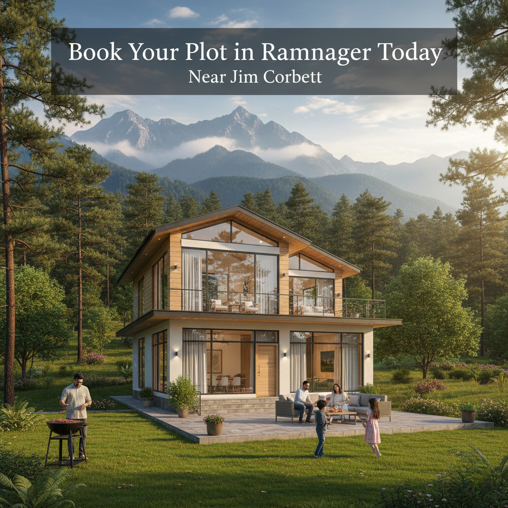 Gorgeous photo realistic image of an ultramodern two-story villa among green pines and tall mountains. Outside a family is barbecuing on the lawn.
