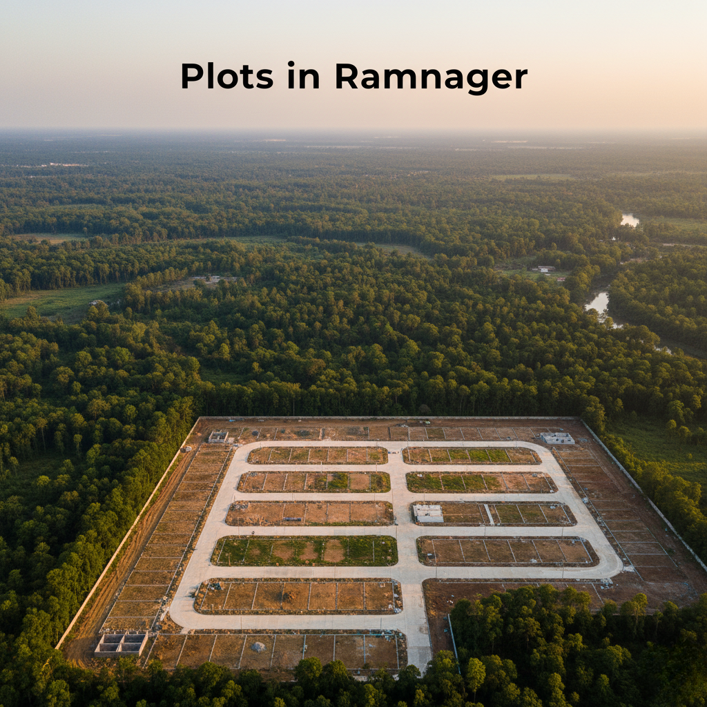 An aerial drone shot of residential and commercial plots in Ramnagar, Uttarakhand. The scene shows the developing properties with a stunning backdrop of dense forest and the Jim Corbett National Park, promoting property investment. The image's heading is "Plots in Ramnagar."