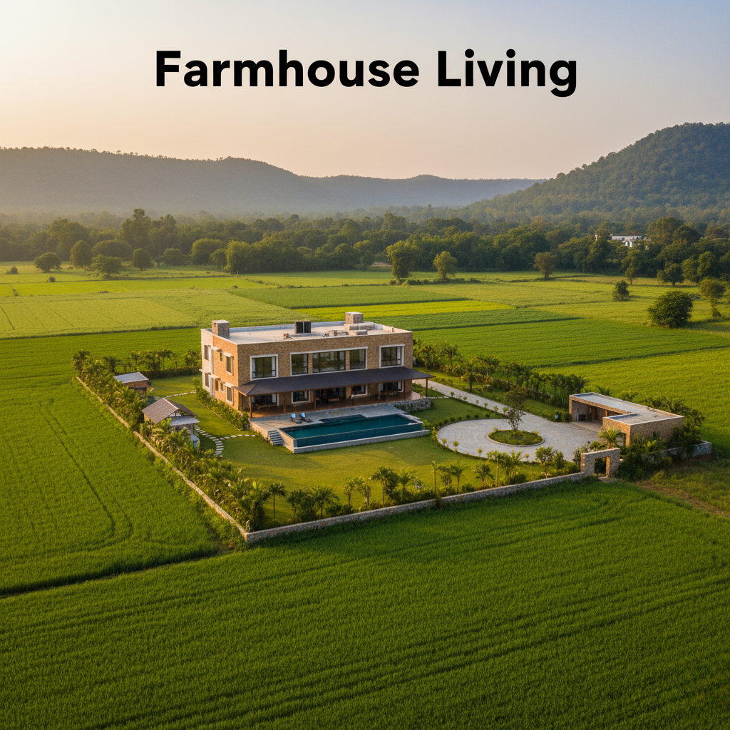 A high-quality photo of a luxury farmhouse surrounded by vast agricultural land in Ramnagar, Uttarakhand. The peaceful environment and natural greenery highlight the appeal of a tranquil lifestyle. The image, with the heading "Farmhouse Living," promotes farmhouse real estate.