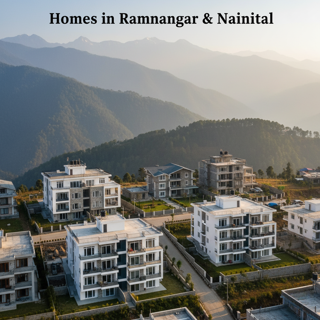 A professional photo showcasing modern residential flats and houses in Nainital and Ramnagar, Uttarakhand. The properties are set against a beautiful mountain backdrop, representing the housing market in the region. The image is captioned with "Homes in Ramnagar & Nainital."