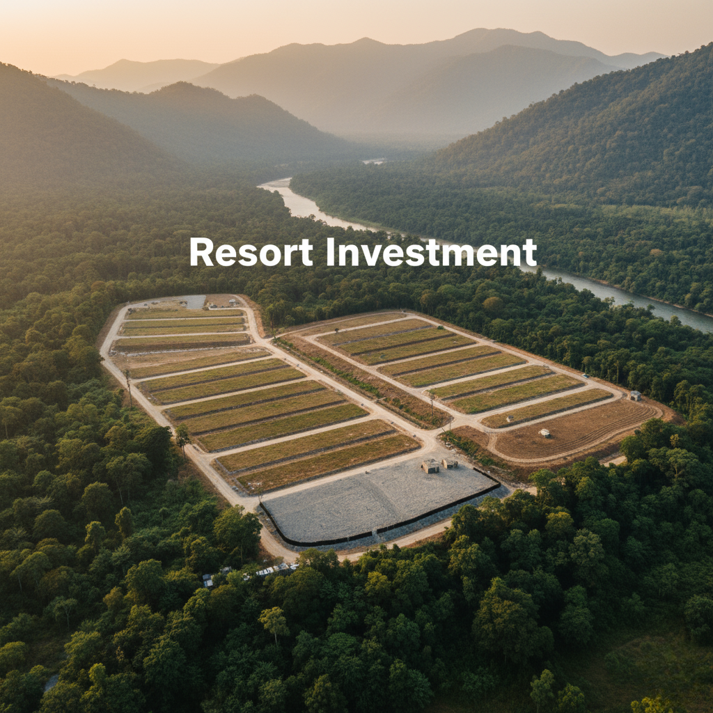 A high-quality photo of premium resort plots near Jim Corbett National Park. The properties are surrounded by lush natural greenery, emphasizing their prime location for a tranquil getaway. The image is an investment concept with the heading "Resort Investment.