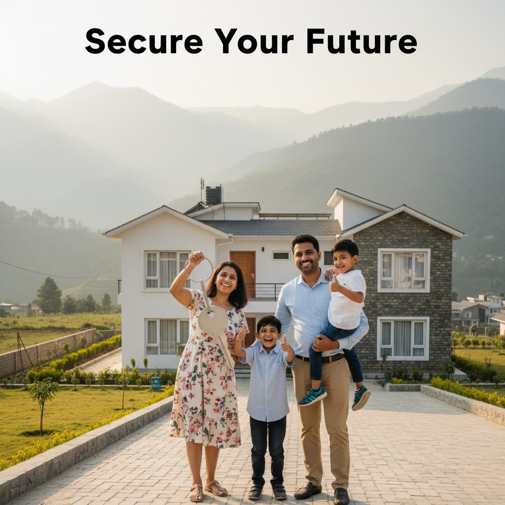 A heartwarming photo of a happy family holding keys in front of their new house in Ramnagar, Uttarakhand. The scene depicts the positive outcome of a successful real estate investment. The image, with the heading "Secure Your Future," inspires confidence in property buyers.