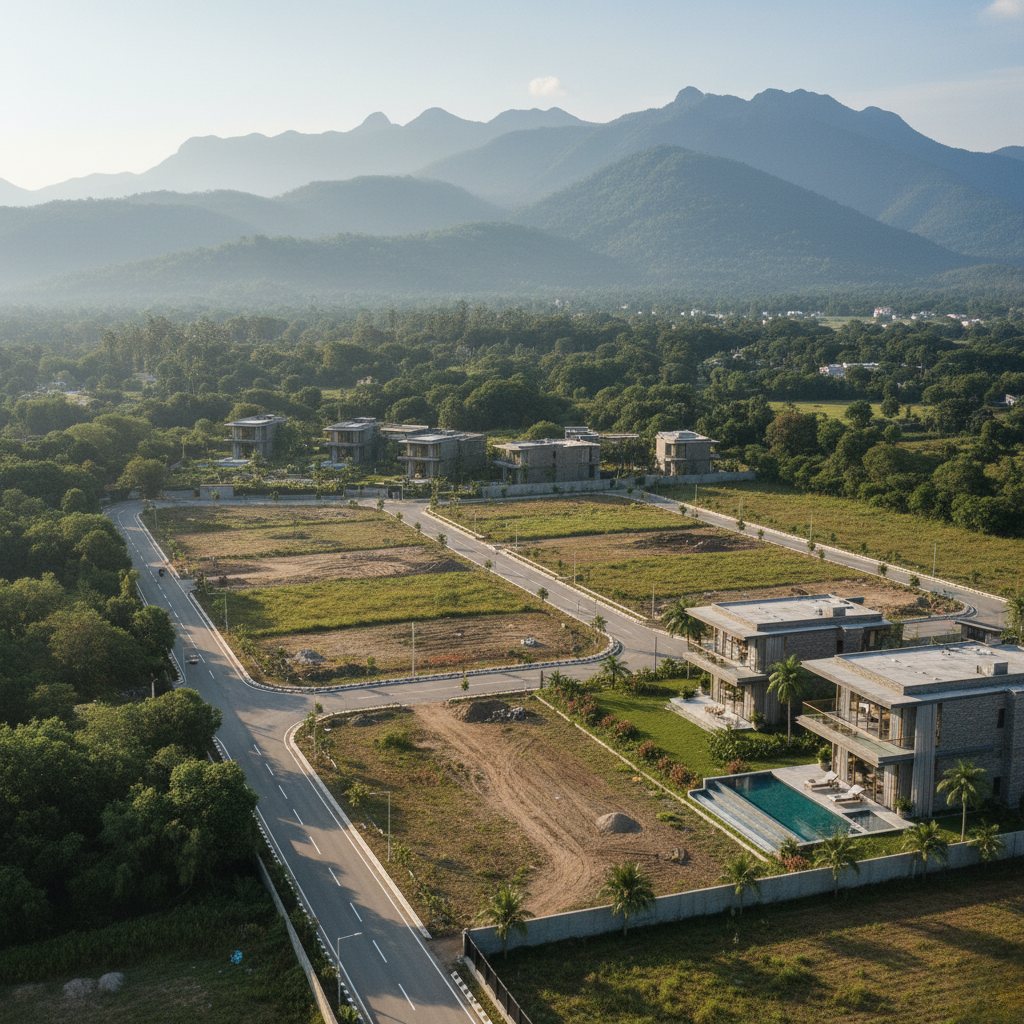 Aerial view of contemporary ranch villa plots at Jim Corbett with greenery and tarred roads alongside mountains.