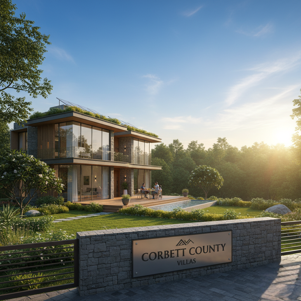 Luxury villa near Jim Corbett National Park in gated community with modern eco-friendly architecture, well maintained garden and morning sun.