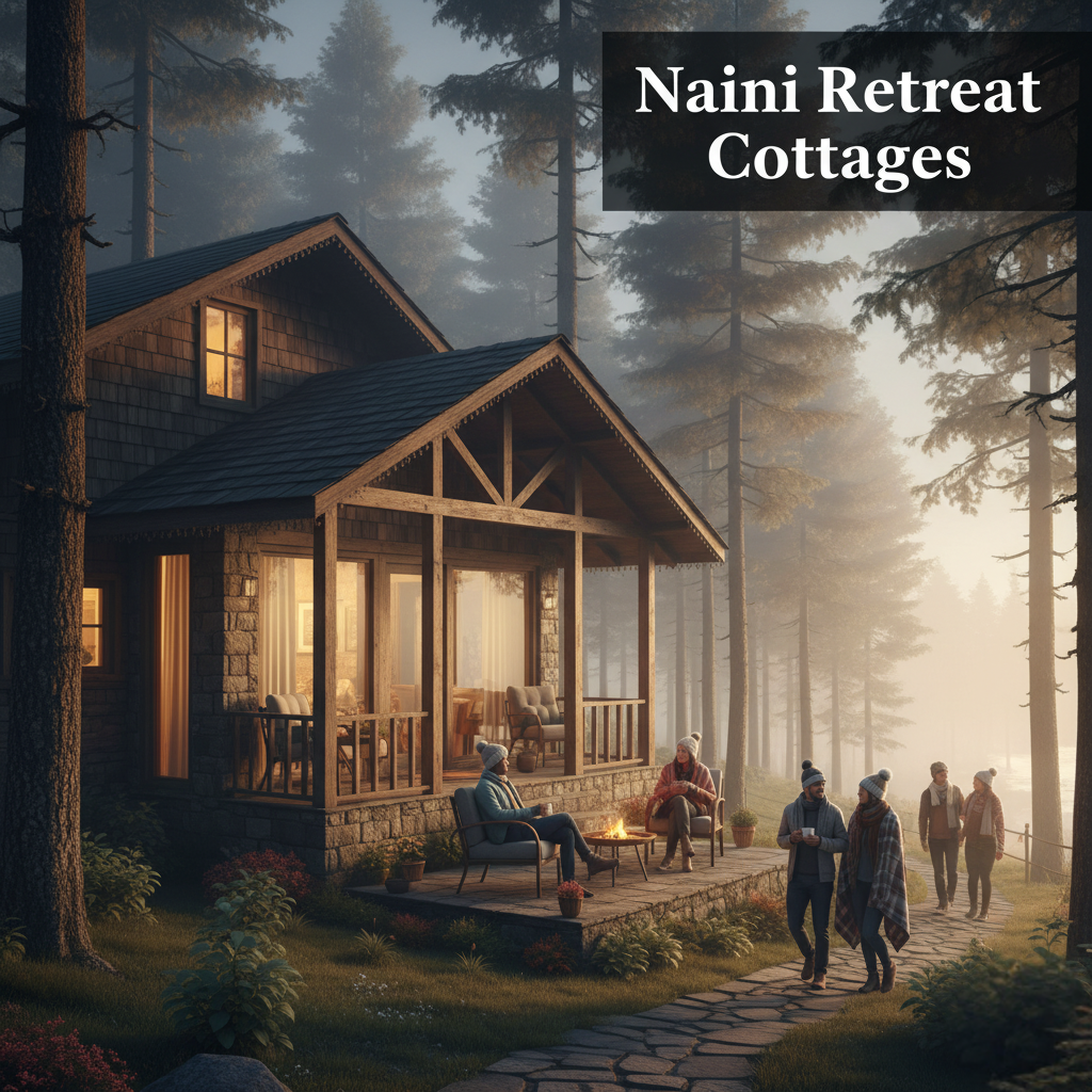 wooden cottage near Naini lake, surrounded by pine trees, morning mist, cozy warm interiors tourists outside at hill station.