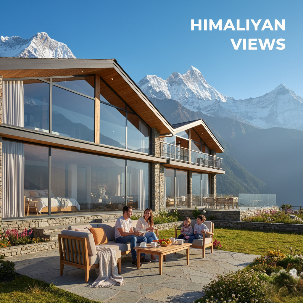 Contemporary holiday home with panoramic view of Himalayan Mountains landscaped garden and family sitting in outdoor seating under clear sky