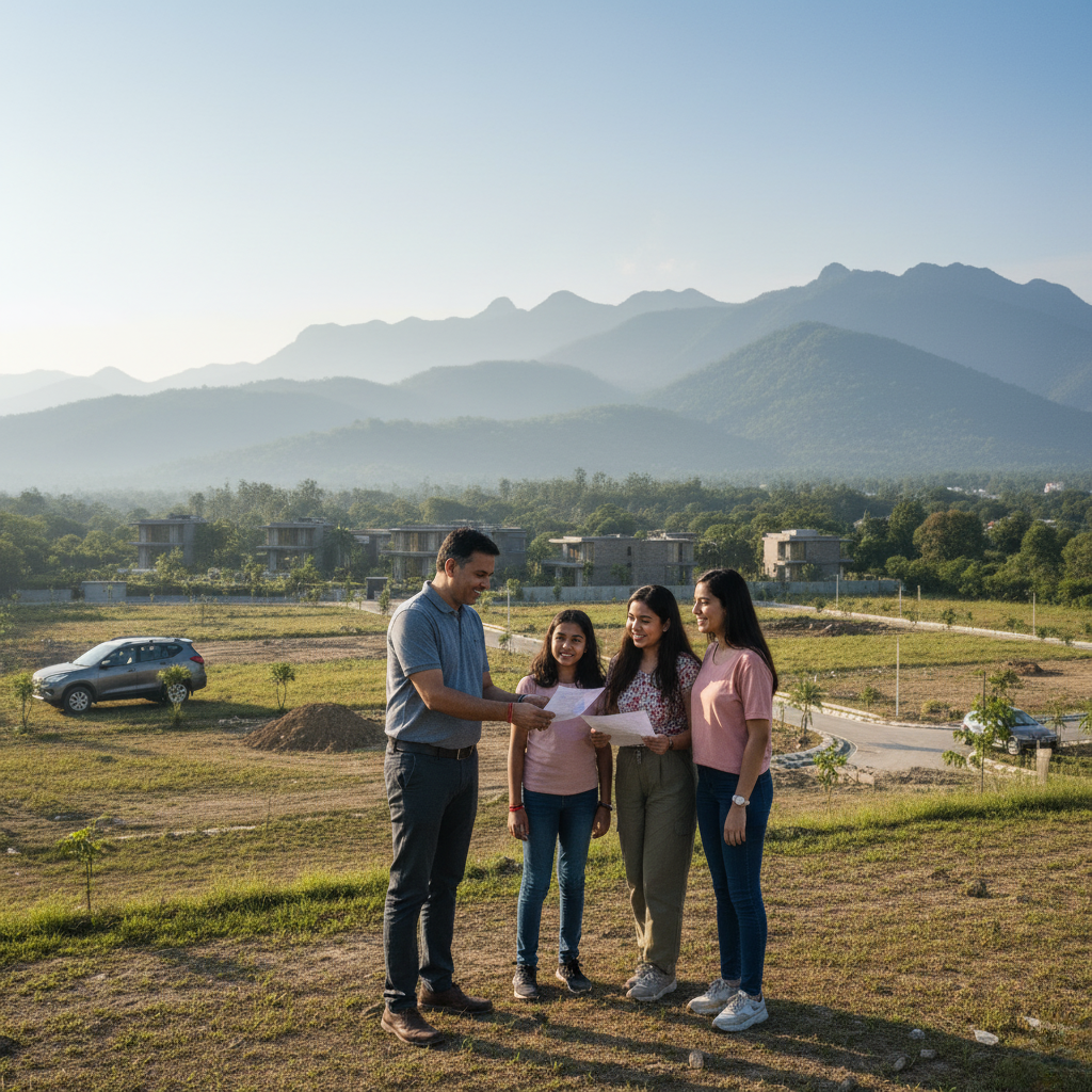 Family standing on a plot near Jim Corbett going through papers with scenic mountains and greens in the background.