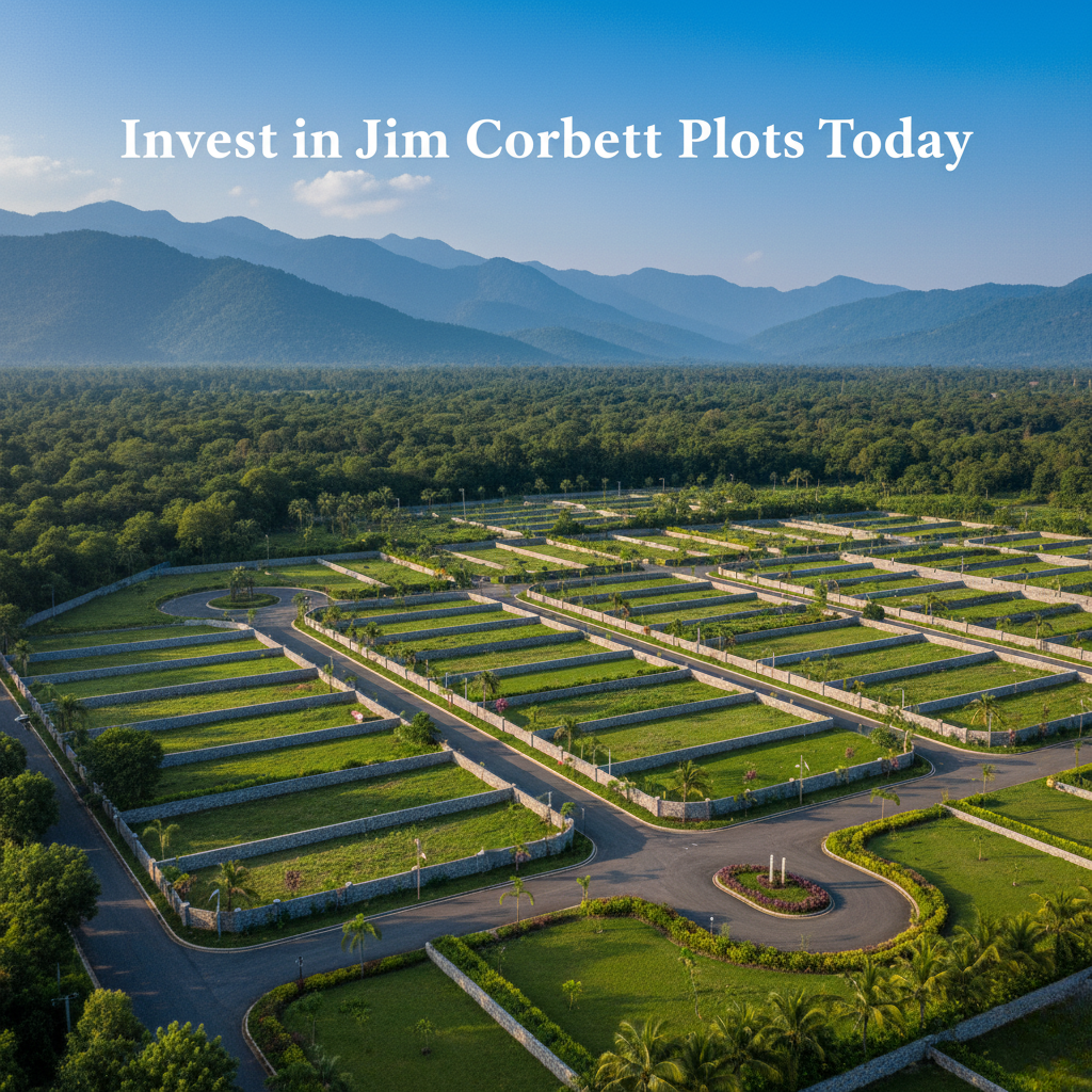 A Search in Sight Panoramic Aerial View of Green Plotted Township Near Jim Corbett with Text Overlay Invest in Jim Corbett Plots Today
