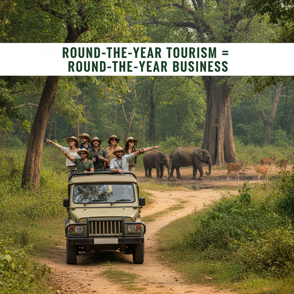 Group of tourists enjoying a wildlife safari in Jim Corbett National Park, pointing towards elephants and deer in the forest.