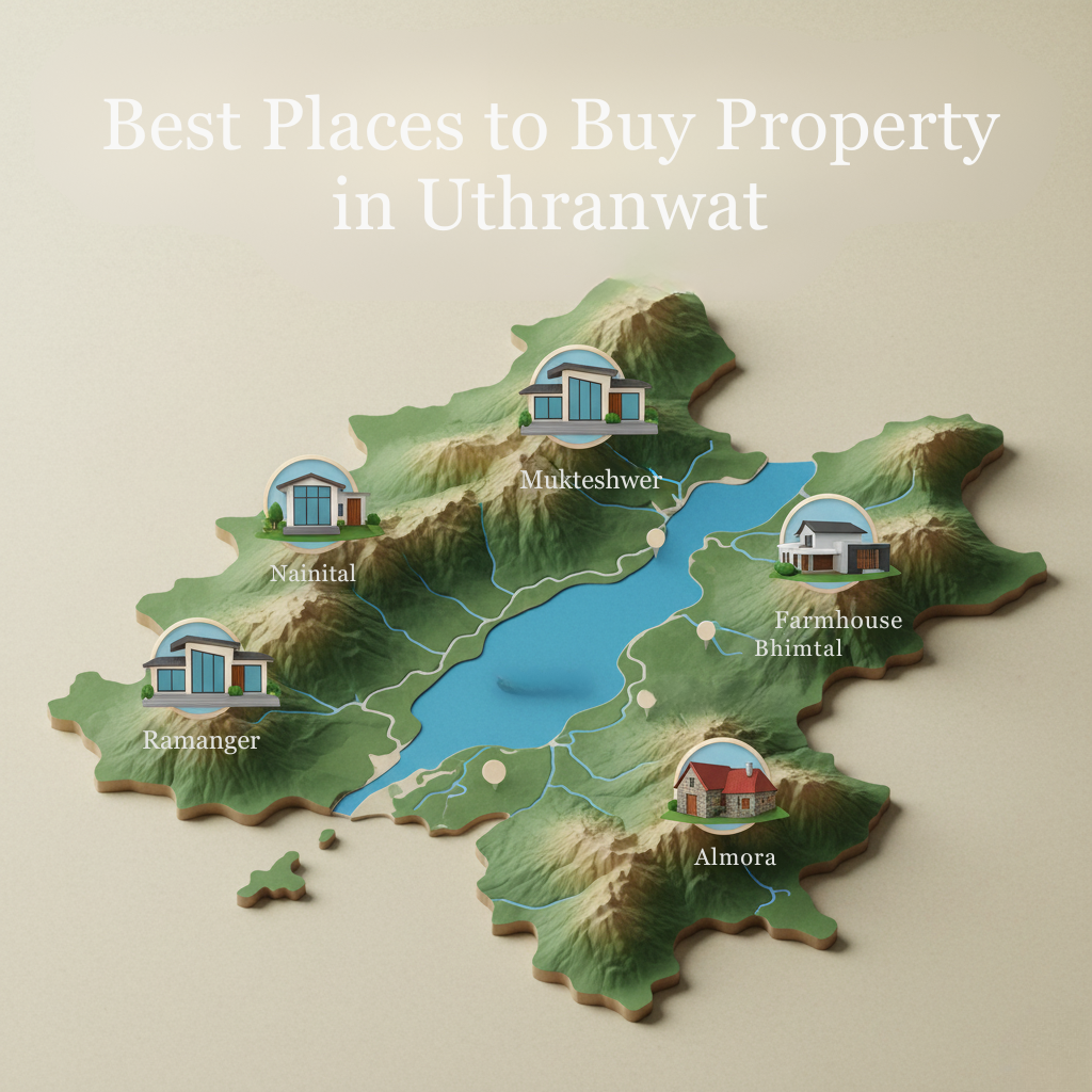 "Map with pictures showing the best places to buy property in Uthranwat, Uttarakhand, India. There are mountains all around a central lake. There are icons for Mukteshwer, Farmhouse Bhimtal, Almora, Rananager, and Nainital. The text on top says, "Best Places to Buy Property in Uthranwat."