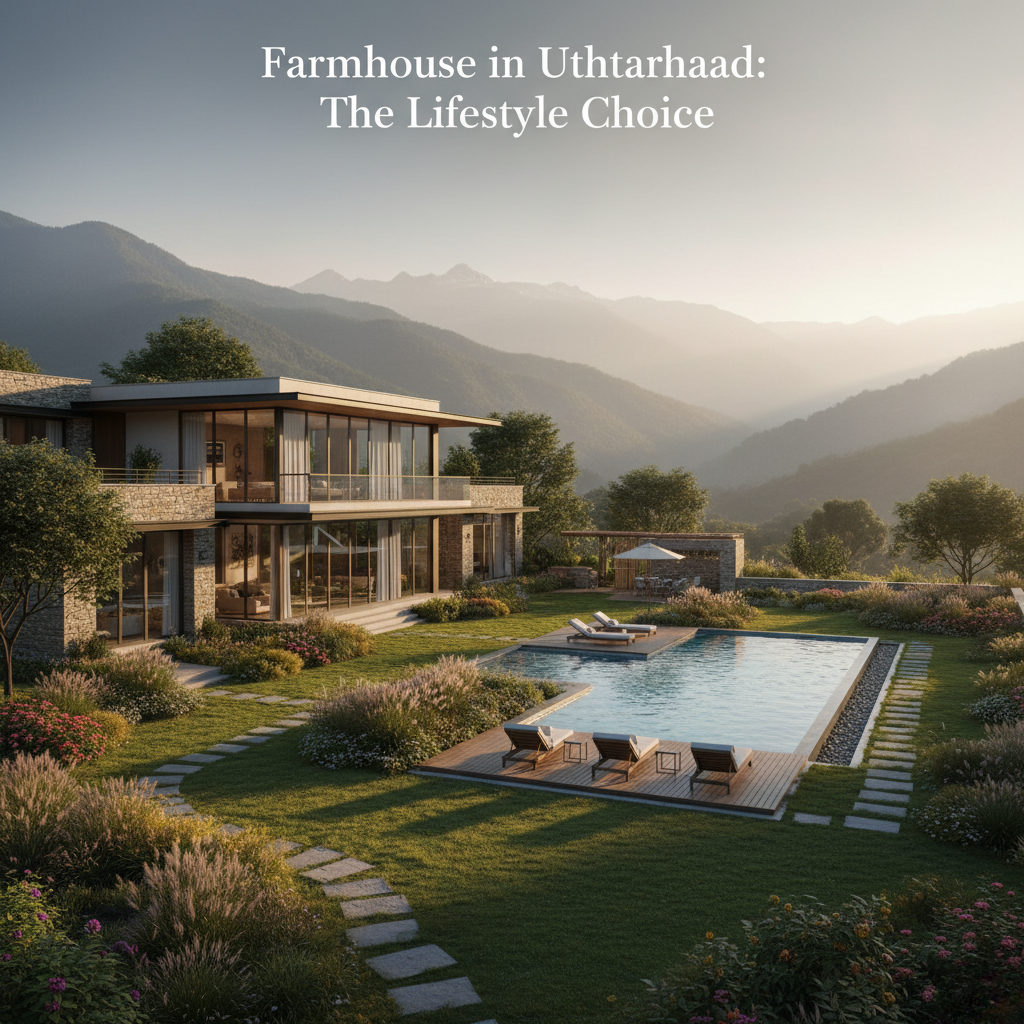 This photorealistic picture shows a modern farmhouse in Uttharhaad, India, with big glass windows, a big patio, and a rectangular swimming pool with lounge chairs. There are well-kept gardens, flowering plants, and rolling hills all around it, and the sky is clear. The text on top says, "Farmhouse in Uttharhaad: The Lifestyle Choice."