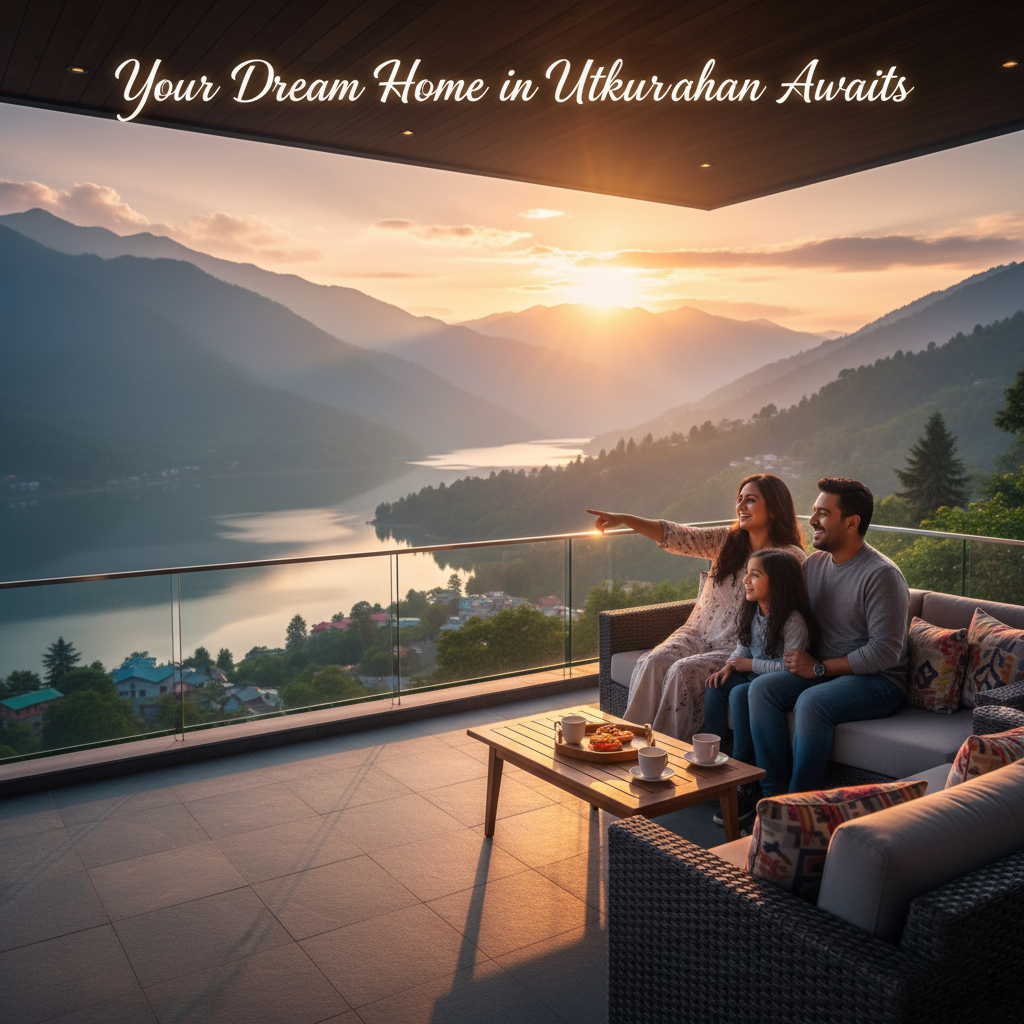 "Realistic picture of a family of three relaxing on a modern patio outside, with a view of a lake and mountains at sunset." There is a sofa, a coffee table with drinks and snacks, and decorative cushions on the patio. One person is pointing to the horizon. The text on top says, "Your Dream Home in Utkurahan Awaits."