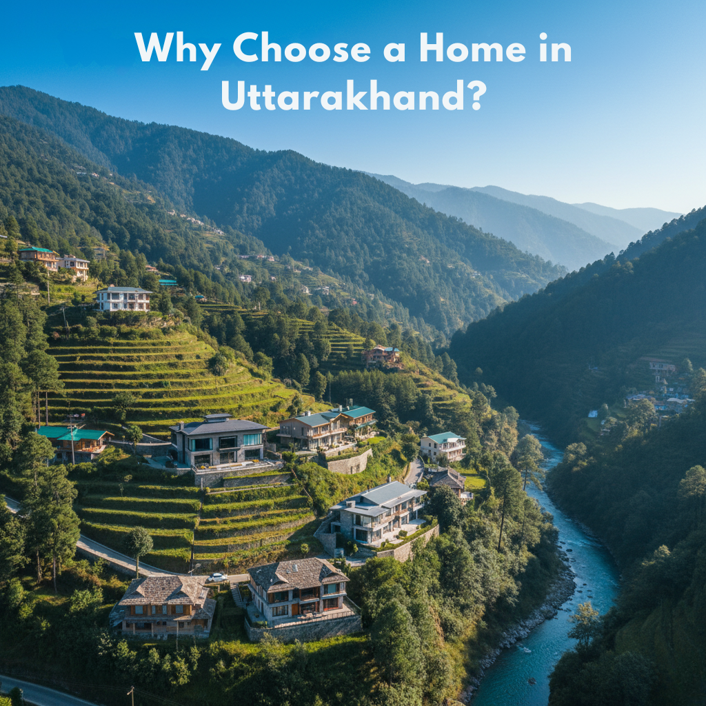 "Terraced homes in the lush green hills of Uttarakhand, India, look out over a calm river valley with thick forests and mountains under a clear blue sky. The text on top says, "Why Choose a Home in Home Uttarakhand?"