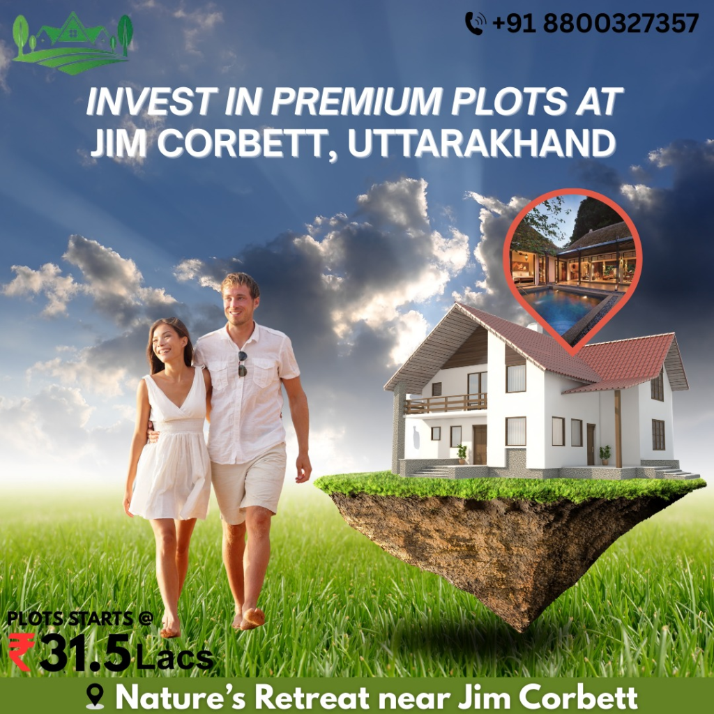 Green couple walking on lawn with villa luxury illustration for Plots for sale near Jim Corbett, Uttarakhand -Investment starting at 31.5 lacs.