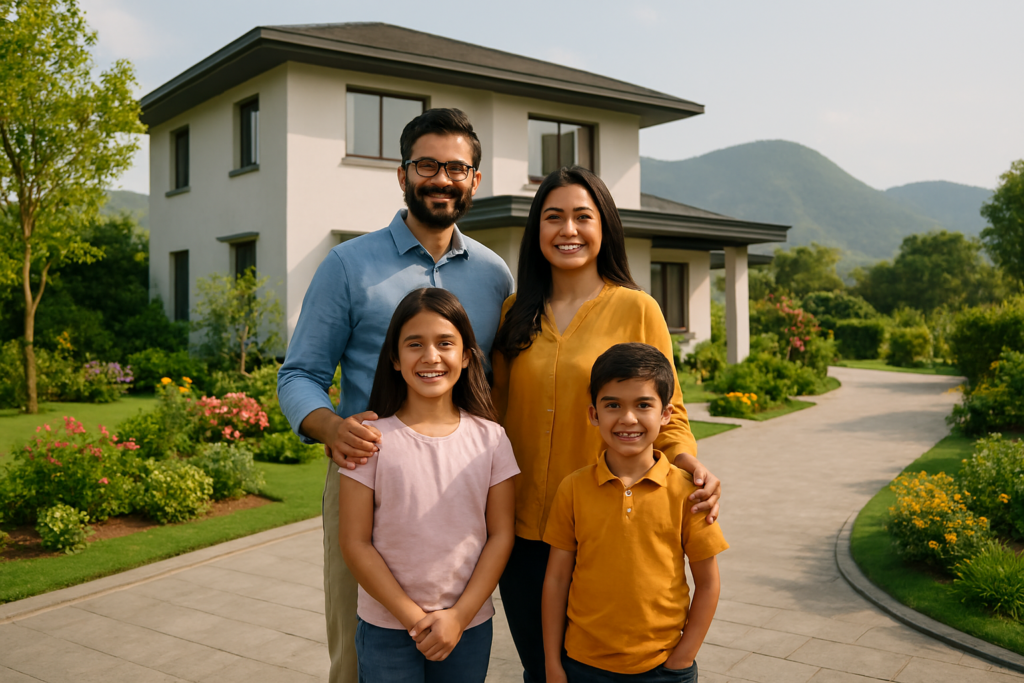 And here’s an aspirational photo of the beaming Indian family, standing in front of their new machiya (modern villa) in Ramnagar. Below the villa is a green and flowery garden where you can see distant hills. The content family belies the successful notion of home ownership and investment.