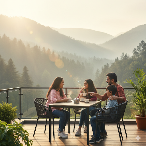 Happy family having morning tea on villa balcony in Jim Corbett with mountain & forest view - Indian lifestyle and property investment concept.

