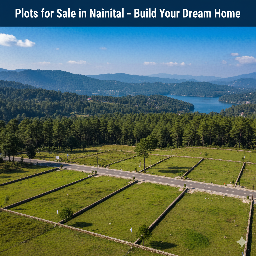 Residential plots for sale in Nainital with neat boundary surrounded by Pine tress in front of attractive lake side and view of mountains under clear sky.

