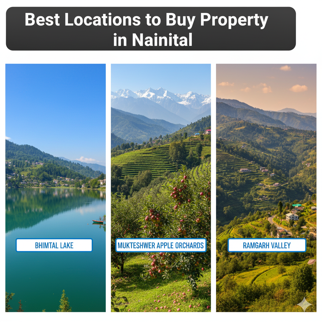 Collage of the best places to buy property in Nainital – Bhimtal Lake blue waters, Mukteshwer apple orchards and Himalayan backdrop, Ramgarh Valley terraces hills and isolated houses.

