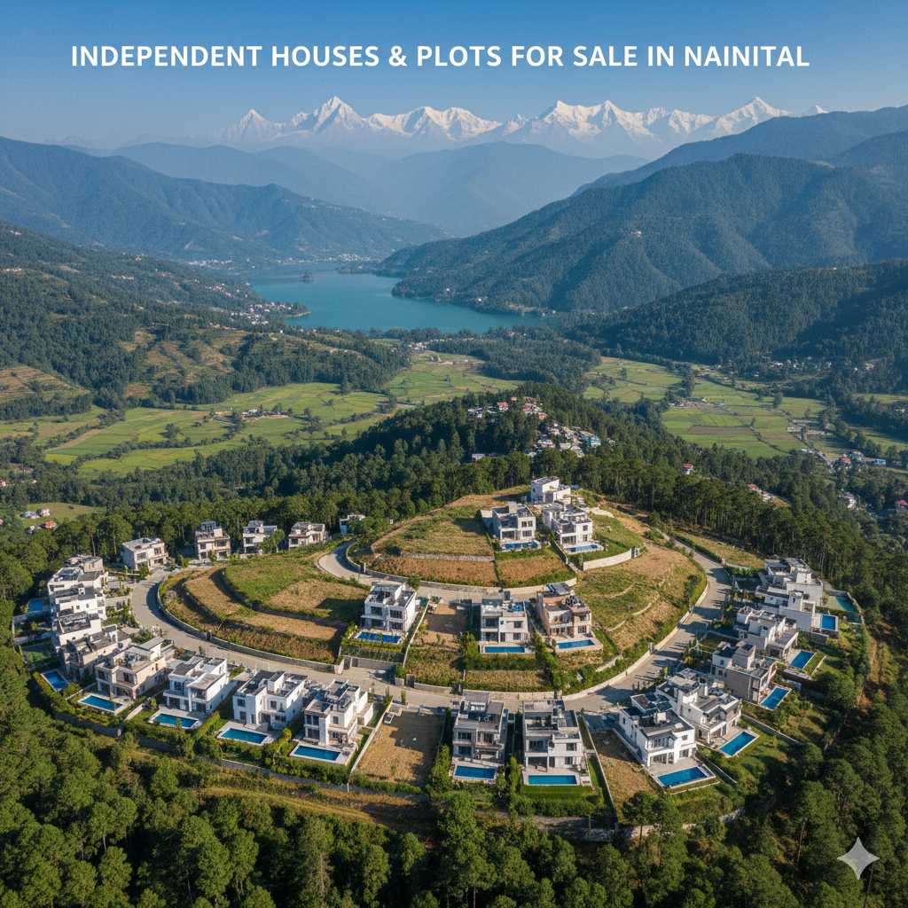 A collection of independent houses and plots on sale in Nainital at circular layout of bungalows and plots with private swimming pool amid the hills and the lake and the snow capped mountains.
