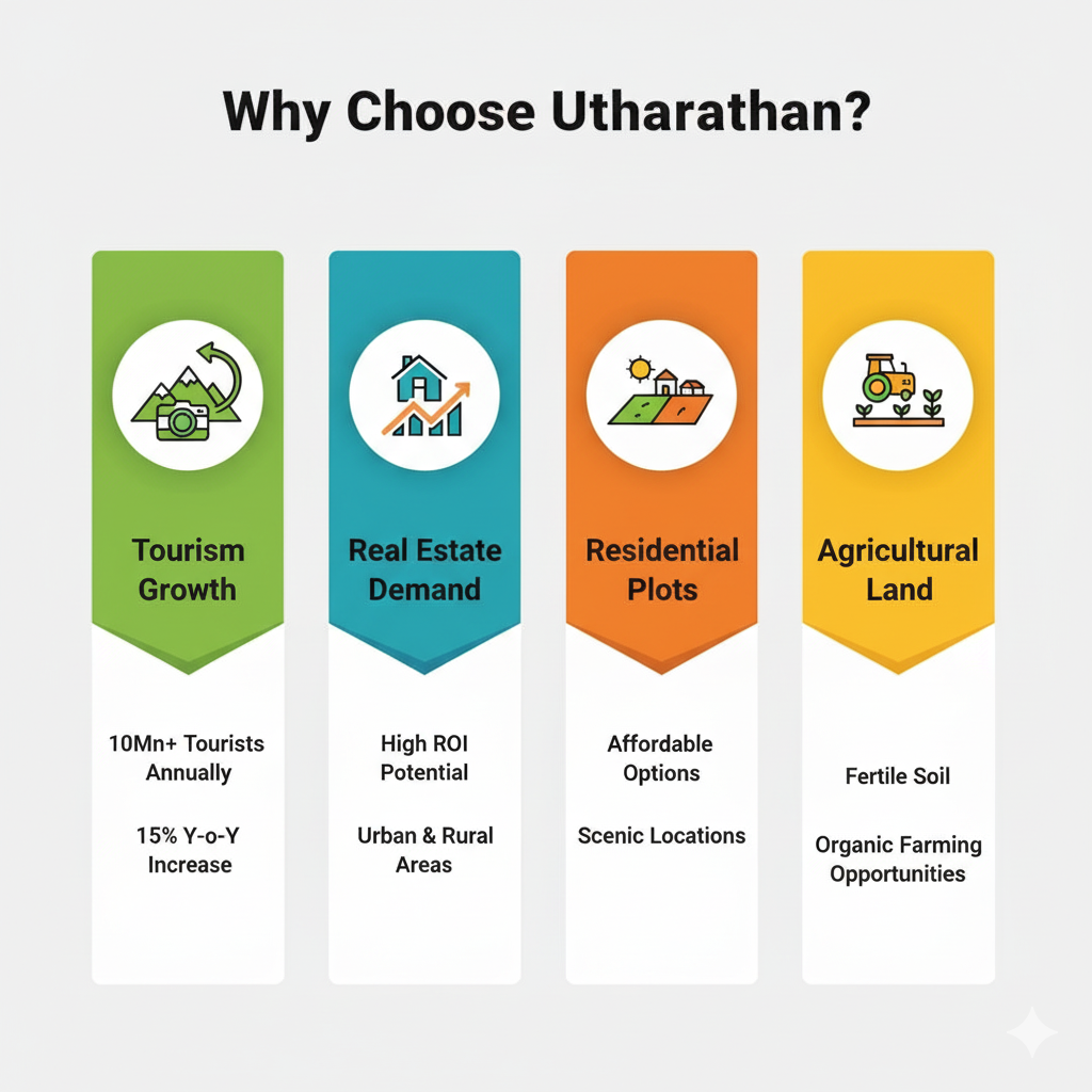 A modern infographic with a clean design and attractive colors. It visually represents key factors for real estate investment in Uttarakhand, including tourism growth, high demand for residential plots, and the availability of agricultural land. The heading "Why Choose Uttarakhand?" highlights the benefits for potential investors.