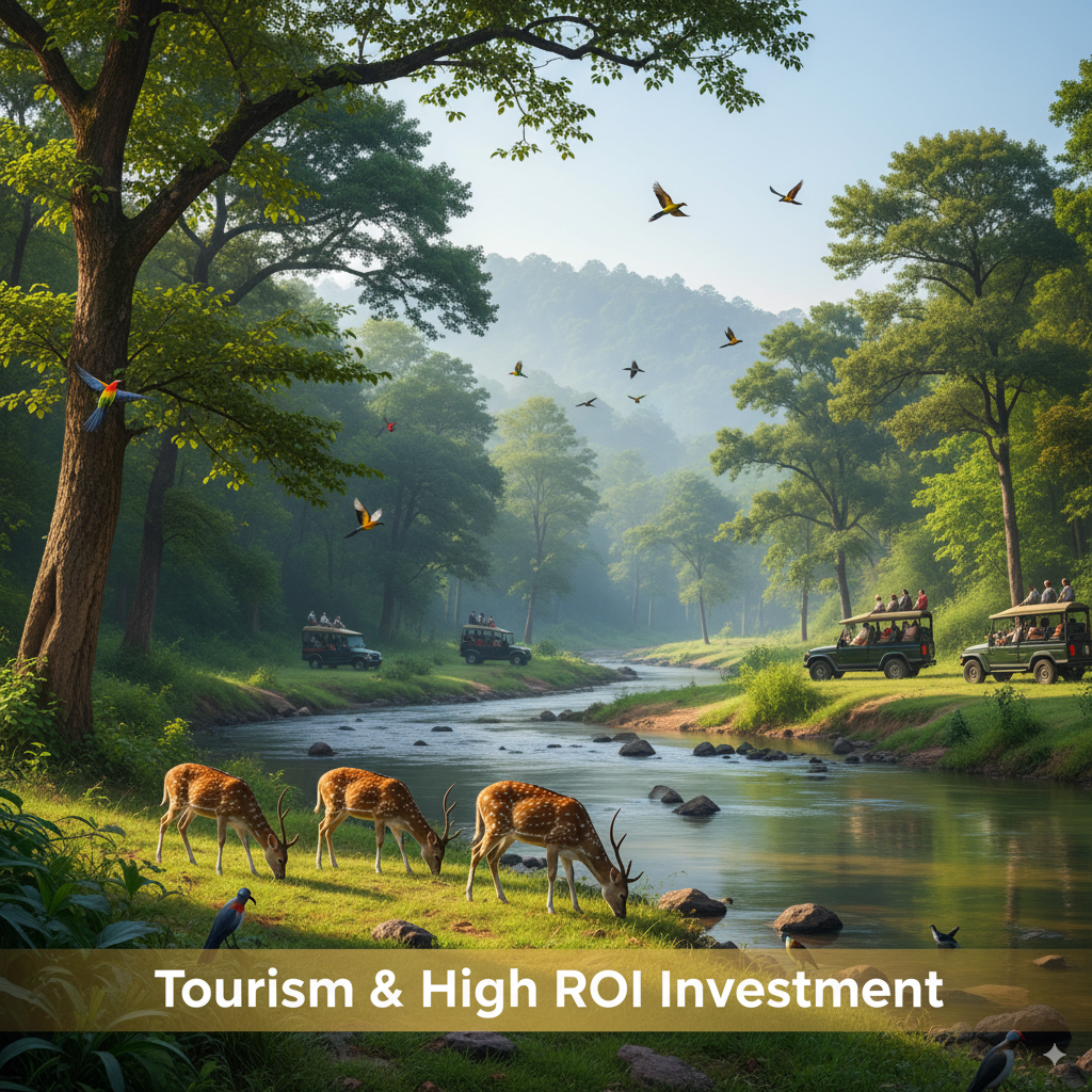 "Scenic view of Jim Corbett National Park with deer grazing by the river, safari jeeps carrying tourists, colorful birds flying, lush green forest, and misty hills in the background, representing tourism and high ROI investment opportunities near Corbett County plots. corbett county"