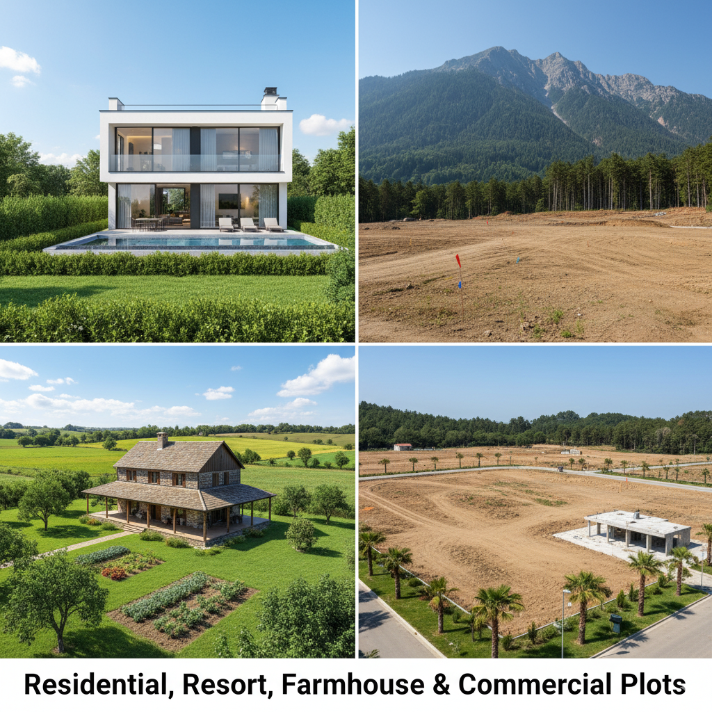 A four-panel grid shows different types of real estate. The top-left panel features a modern, two-story house with a swimming pool. The top-right shows a barren plot of land with mountains in the background. The bottom-left displays a rustic farmhouse with a porch and vegetable garden. The bottom-right shows a large, developed commercial plot with palm trees. The text at the bottom reads, "Residential, Resort, Farmhouse & Commercial Plots."