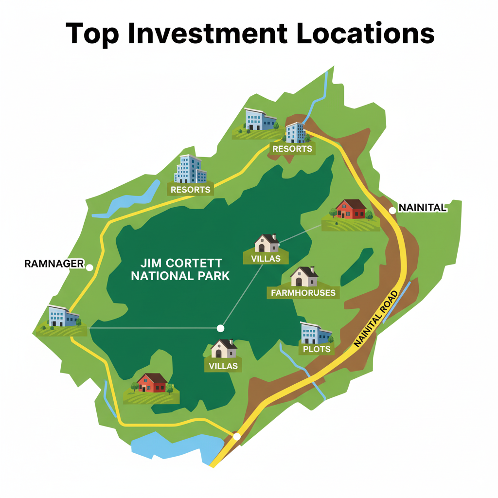 An illustrated map of the Jim Corbett National Park area highlights key investment locations. The park is a large green shape, surrounded by a winding yellow road labeled "Nainital Road," connecting to "Ramnagar" and "Nainital." Icons for "Resorts," "Villas," "Farmhouses," and "Plots" are strategically placed around the park. The map's title reads, "Top Investment Locations."