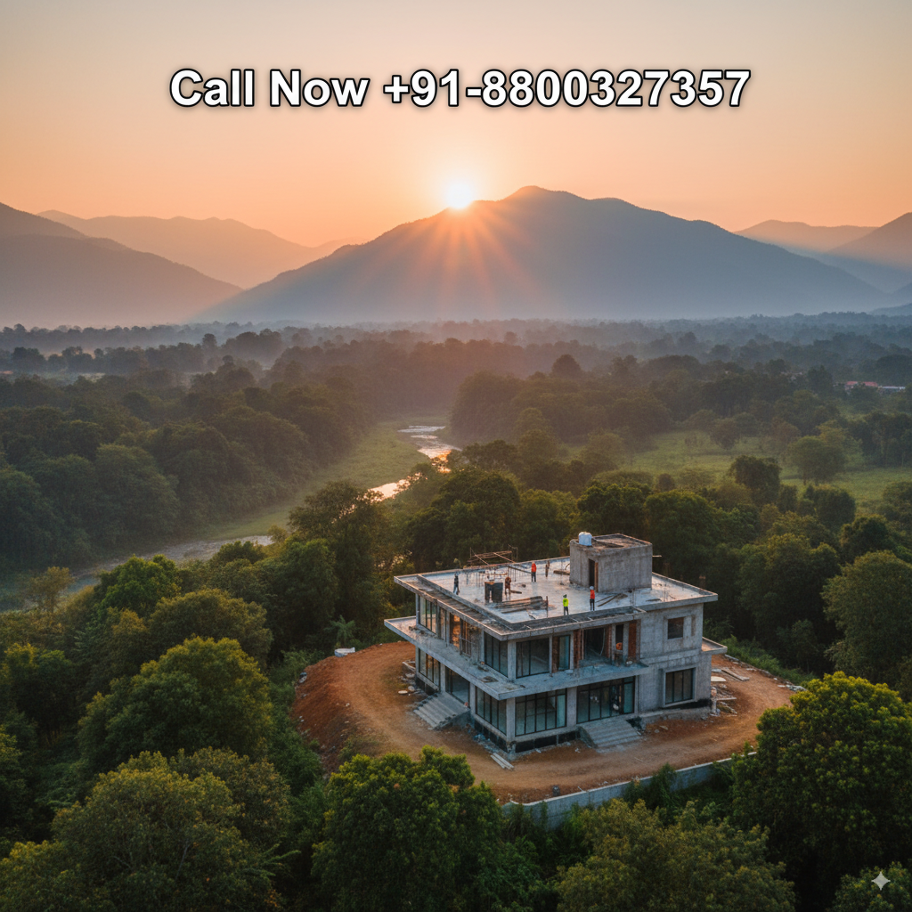 An aerial photograph shows a modern, two-story house under construction on a hilltop, surrounded by a lush green forest. In the background, a river meanders through a valley with rolling mountains, and the sun sets behind the highest peak, casting a golden light. The text "Call Now +91-8800327357" is overlaid at the top.