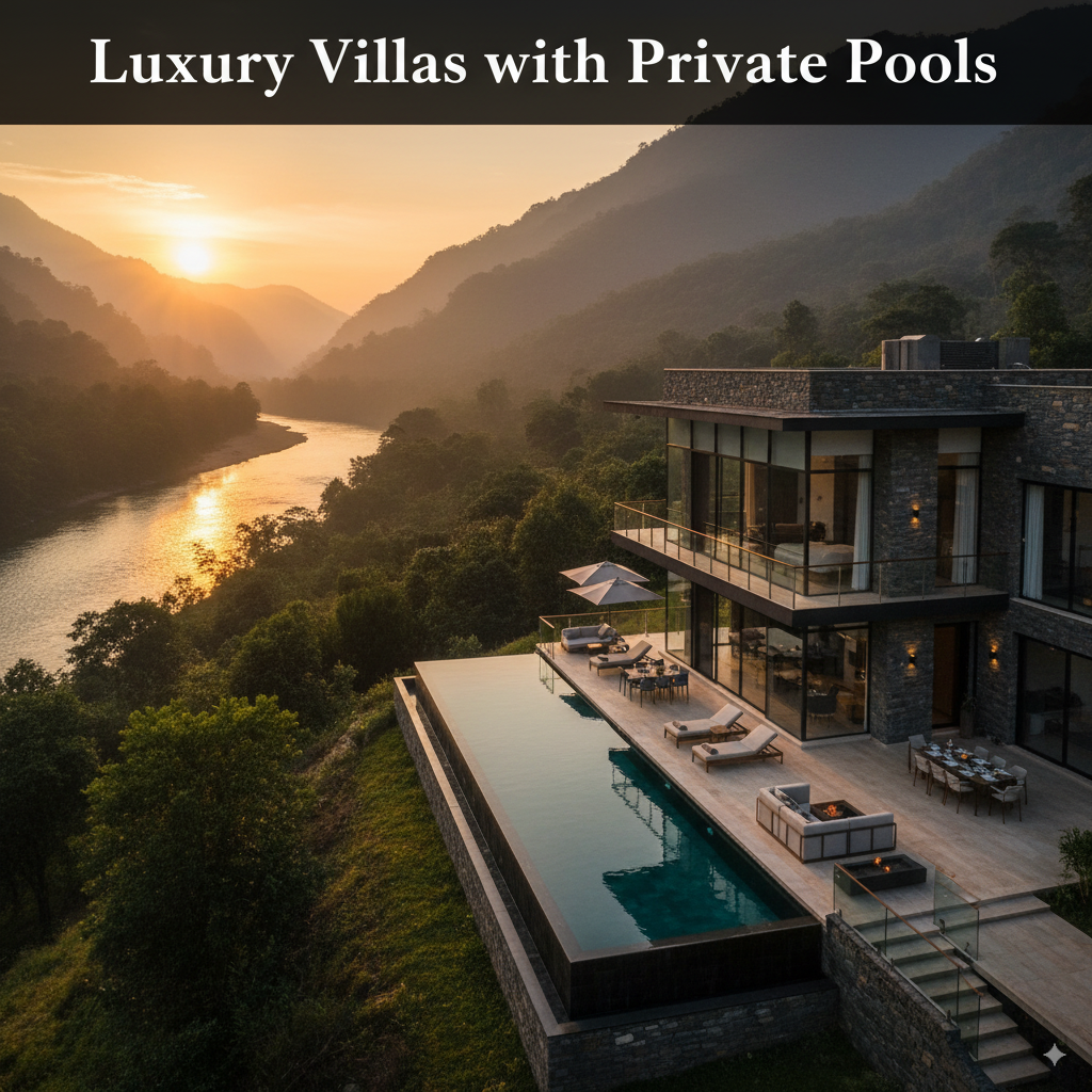 "Luxury villa with private infinity pool overlooking a river and forest in Jim Corbett National Park at sunset, ideal for family holiday homes and vacation rentals."